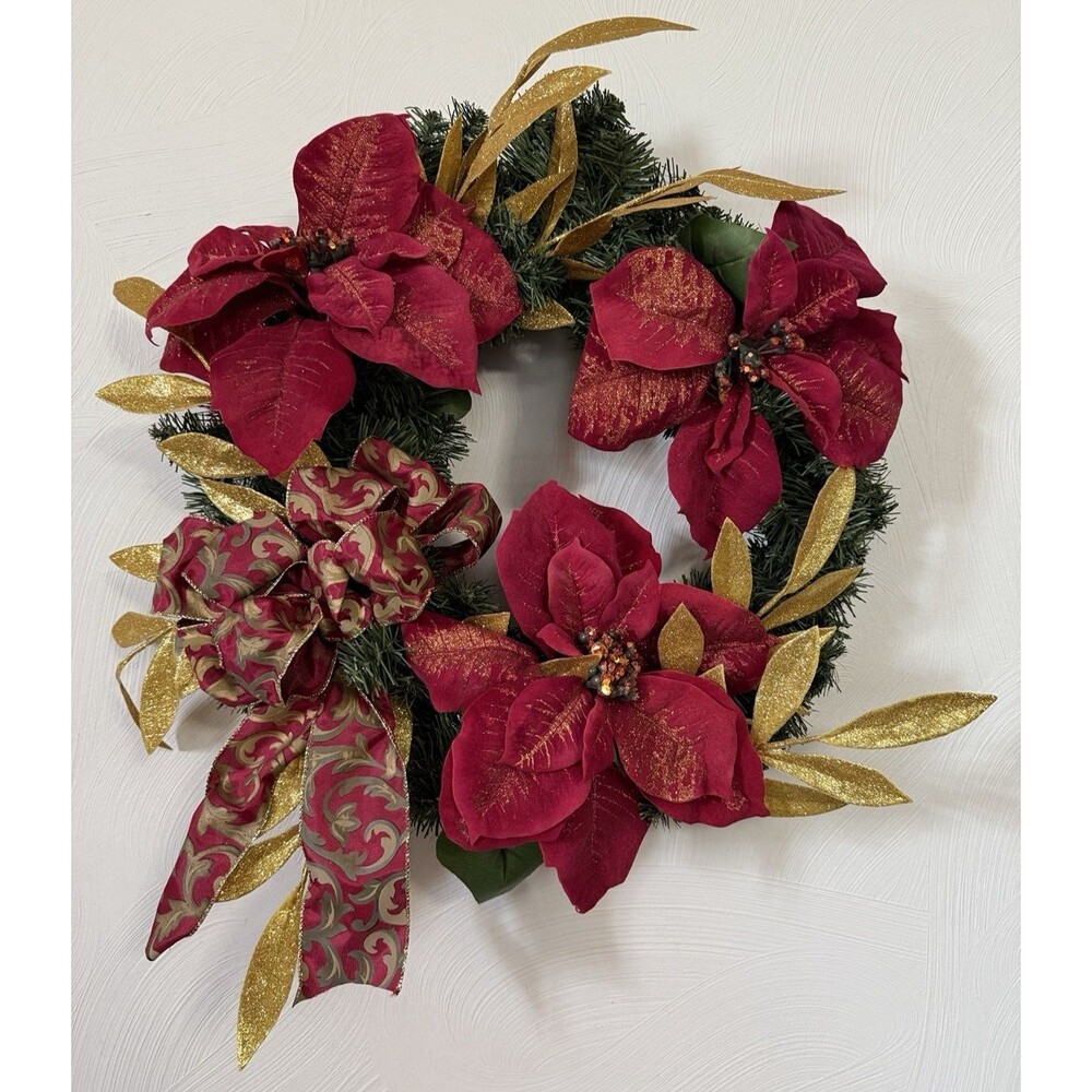 Festive Red Poinsettia & Gold Leaf Holiday Wreath